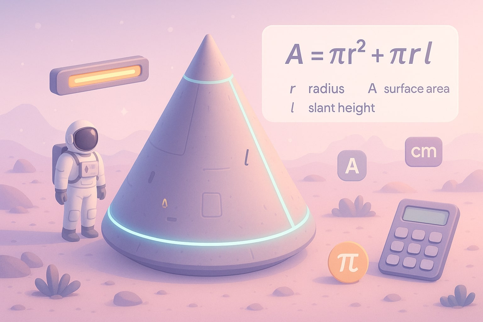Illustration of how the surface area of cone calculator works with input fields and instant results to help users solve problems easily.