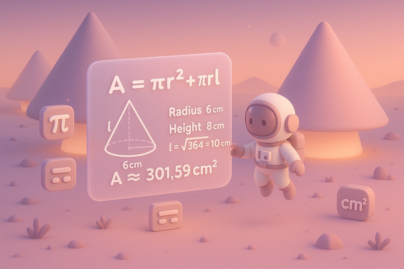 Illustration of how the surface area of cone calculator works with input fields and instant results to help users solve problems easily.
