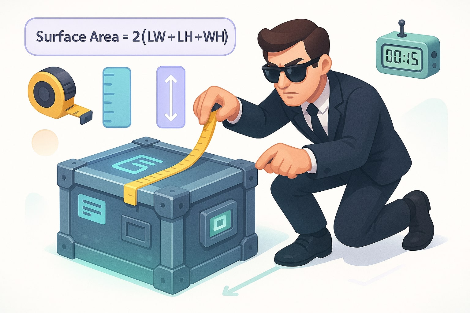 Illustration of how the surface area of a rectangle works with input fields and instant results to help users solve problems easily.